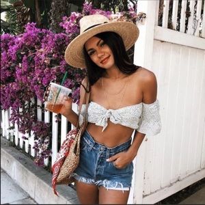 Off shoulder tie front crop top